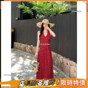 【海邊度假】紅色掛脖波點洋裝 2025夏季 法式顯身材 包臀長裙 度假洋裝 海邊洋裝 渡假洋裝 渡假風洋裝 裙子 顯瘦洋