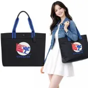 COACH 黑色LOGO厚織帆布手提/托特包-大型