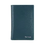 【Paul Smith】PAUL SMITH 銀字LOGO牛皮撞色條紋直立式6卡摺疊小短夾(海軍藍x內裡酒紅x橘x多色)