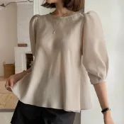 正韓【預購】女生優雅日常素面花苞五分短袖傘擺上衣 米 乳白 炭灰【09.02】東大門-M18291