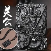 【加送珠鍊】黑石義字武財神招財雙面雕刻威武霸氣黑色關公項鍊招財避邪關聖帝君立體浮雕仿黑曜石項鍊
