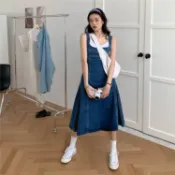 Skyscraper女裝 牛仔吊帶裙復古減齡牛仔揹帶裙收腰顯瘦夏中長款裙無袖法式大擺洋裝氣質女 新款 摩天大樓