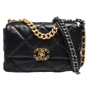 【CHANEL 香奈兒】19系列經典金屬雙C LOGO菱格紋山羊皮轉釦金銀雙色鍊帶手提/肩背包(小-黑AS1160L-BLK-GPN)