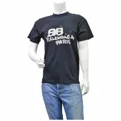 【Balenciaga 巴黎世家】手繪BB icon復古洗舊風格棉質短T恤(黑色612965-1059)