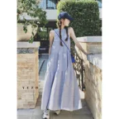 💕法式條紋無袖傘擺A字連身洋裝 無袖洋裝 條紋洋裝 長洋裝 傘擺洋裝 A字洋裝