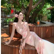 韓系🩷清楚系洋裝 渡假洋裝 蝴蝶 印花 無袖 連衣裙洋裝 夏天洋裝 花朵洋裝 氣質 修身 收腰 魚尾裙 長裙 魚尾裙洋裝