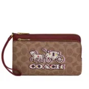 COACH 雙層大款手拿包 真皮/防刮老花PVC塗層帆布 零錢包 手拿包 長夾 錢包 CX590 櫻桃紅(現貨)