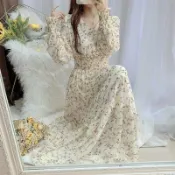 清新碎花裙 雪紡連衣裙 長裙女2026 春秋季新款洋裝 韓系洋裝 長洋女 韓版仙女裙 荷葉邊大擺裙 連身裙度假