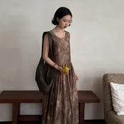 復古文青 / 天絲麻寬鬆大裙擺連身裙