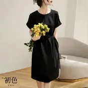 初色 輕奢圓領綁帶純色連衣裙短袖連身洋裝-共2色-67891(M-XL可選)