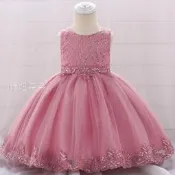 ♥萌妞朵朵♥滿月-3歲蕾絲銀絲亮片花朵純棉公主裙(豆沙粉)/百日洗禮服/女童套裝/花童禮服