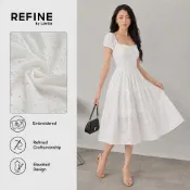 (Refine by Lovito) 優雅棉質提花連身裙 春夏白色女式連身裙 結構線條流暢 職場 LR13E224