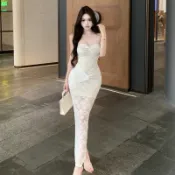 韓版辣妹抹胸修身包臀連衣裙 時尚氣質下襬開叉長款裙子 小眾高階感純欲魚尾裙女