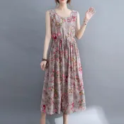 【ACheter】 莫內花園大碼碎花收腰棉麻背心洋裝# 112211