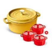 【STAUB】檸檬黃圓形琺瑯鑄鐵鍋24cm贈圓形烤盅陶缽3件組(德國雙人牌集團官方直營)