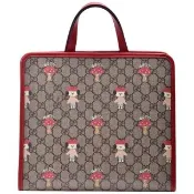 【GUCCI 古馳】經典GG Supreme帆布小狗蘑菇印花手提/托特包(深棕色/紅色605614-FADWJ-9742)