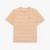【LACOSTE】女裝-條紋平紋針織短袖T恤(粉橘/白色)