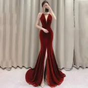 【氣質顯瘦】訂婚洋裝 晚宴禮服 婚紗晚禮服 晚禮服 禮服 禮服洋裝 禮服大尺碼 新娘 酒紅色 敬酒服 露背 緊身 晚禮服