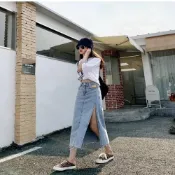 (店+)【D.studio】韓版高腰側開叉牛仔A字裙牛仔裙 半身裙 長裙 裙子 寬褲 褲子 長褲 休閒褲 女裝 P154