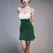 性感低胸洋裝拼色包臀吊帶裙氣質露背緊身短洋裝夜場洋裝