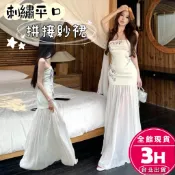 【梨卡】隔日到貨 女裝 洋裝 長裙 連身長裙 刺繡平口 拼接紗裙 一字肩長裙 假兩件洋裝 百搭HZ2749【現貨24H】