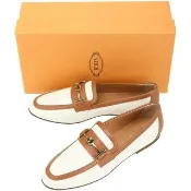 【TOD’S】TODS T字金屬鍊飾棉麻牛皮莫卡辛鞋(米白色)(樂福鞋 義大利精品)