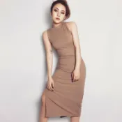 FINDSENSE服飾 FINDSENSE G6 韓國時尚 高彈力修身連衣裙中長款高領側開叉緊身連身裙