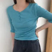 正韓【預購】女生素面直條紋理五分長袖亨利領上衣 乳白 藍 橄欖綠 黑 灰【09.24】東大門-M18620
