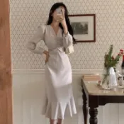 【ʟɪᴏɴɴ現貨】韓系氣質黑色杏白色魚尾長袖連衣裙 約會洋裝 女裝 長袖洋裝 洋裝 職場洋裝 婚禮洋裝 洋