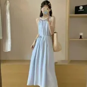 La Belleza渡假風圓領鏤空串珠無袖收腰顯瘦麻花套脖吊帶背心裙連身洋裝