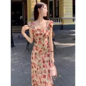 現貨秒發🌸法式洋裝 復古碎花連衣裙 長裙女夏季 飛飛袖設計感收腰顯瘦A字長裙 婚禮禮服 度假裙 女裝 海島 白色洋裝