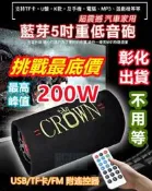 CROWN皇冠 隧道式藍芽5吋重低音砲 200W澎湃動感 震撼音質 木質箱體 毛氈貼皮 USB/TF卡/FM 附遙控器