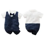 (店+)【雪倫小舖】男寶寶滿月西裝 新生兒包屁衣 爬服 寶寶短袖哈衣 抓周禮服 收涎小西裝 藏青條紋紳士