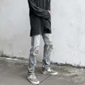 新款韓版修身拼接格子破洞牛仔長褲 個性膝蓋破褲 下擺拉鏈 牛仔破褲 潮男修身小腳 牛仔長褲 男(HW3314）【壹號站】