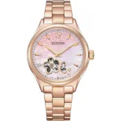 CITIZEN 星辰錶 Lady's 櫻花機械錶 玫瑰金不鏽鋼女錶 附皮帶 34mm PC1017-61Y 全球保固3年