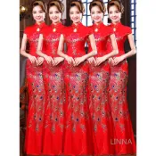 LINNA旗袍 年迎賓禮儀隊旗袍頒獎長款大碼走秀演出服紅色魚尾復古中國風