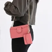【COACH】POPPY 金屬LOGO二合一零錢包鍊包斜背包(玫粉)