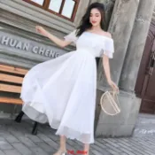 大麥一字領白色洋裝 海邊度假沙灘裙 飄逸大擺仙女長裙 連身裙 一字領洋裝 禮服