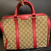 保證真品！九成新Gucci GG LOGO 紅色緹花保齡球包，附背帶