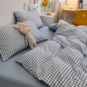 臻選時刻 【日式無印風】四件套 床包被套組 水洗棉寢具 磨毛床包 純色格紋床單 簡約素色 宿舍三件套 親膚透氣 四季通用 免熨燙 不易起毛球
