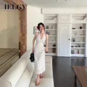 IELGY 法式露背抽繩蝴蝶結波點掛脖洋裝長裙收腰a字裙