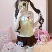地雷系 女兒服 地雷系衣服 y2k 亞文化 原宿風 原創自制冰淇淋可愛甜筒吊帶+棕色小貓短褲兩件套