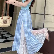 【夏季新款】韓系甜美蕾絲拼接格子半身裙 超大裙擺 A字裙 顯瘦超仙中長裙 拖地長裙 約會出遊裙子 沙灘裙 a字裙長裙 裙