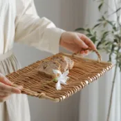 Wooden Beauty Rattan Fruit Tray With Handle Storage Tray