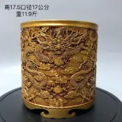 珍藏 精選 紫銅鎏金九龍筆筒浮雕筆筒式香爐室內家用供奉擺設銅擺件 阿星優選