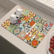 【吸水無痕】復古花紋硅藻泥檯面瀝水墊家用碗盤餐具控水杯墊隔熱防燙桌面墊 檯面吸水墊 廚房瀝水墊 吸水桌墊 吸水墊 防滑墊