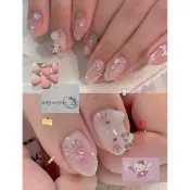 三麗鷗 Kitty 3D 手工按壓式指甲粉色草莓吊飾 Hello Kitty 印花水鑽心形圓形珍珠銀閃光小蛋糕假指甲貼