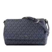 MICHAEL KORS 緹花LOGO防刮皮革磁吸翻蓋斜背包-藍色