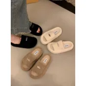 預購🖤韓國字母厚底外穿毛毛拖鞋 鞋子 拖鞋 厚底拖鞋 外穿脫鞋 露趾拖鞋 懶人拖鞋 毛毛拖鞋 字母拖鞋 增高拖鞋 平底鞋