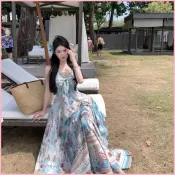 【V領吊帶洋裝】波西米亞風 度假長裙 寬鬆高腰 大擺裙 氣質印花 A字裙 女夏季 海邊渡假穿搭 MNQT